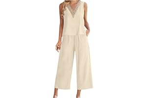 Aboser Linen Set for Women Summer 2 Piece Outfits Sleeveless Tank Crop Top Wide Leg Pants Lounge Matching Sets with Pockets