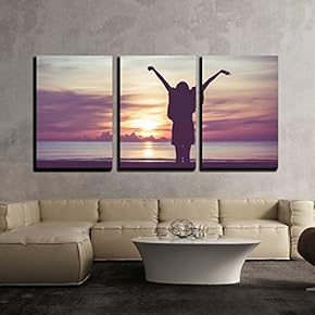 3 Piece Canvas Wall Art - Woman Spreading Hands with Joy and Inspiration at Sunrise. - Modern Home Art Stretched and Framed Ready to Hang - 16"x24"x3 Panels