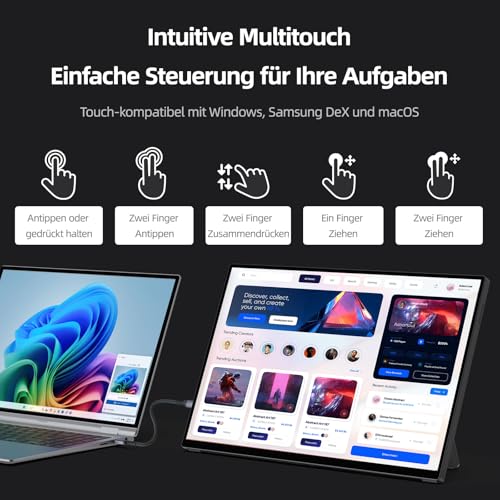 Intehill 16 Inch 2.5K 120Hz Portable Monitor Touch Screen, 16:10 Gold Ratio, 100% sRGB & HDR, Built-in Stand & VESA Compatible, 2X USB-C & HDMI, for Work/Games/Travel - T16KB (Black)