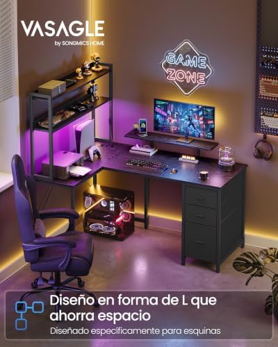 Escritorio en Forma de L, con Enchufes, Luces LED, Cajones y Soporte para Monitor, 140 x 100 x 150 cm, Negro, para Oficina en Casa y Gaming, Colección Barnet LWD162B101