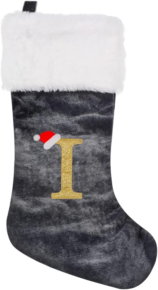 Stockings & Holders - CHRLRewa 20 Inches Initial Monogram Embroidered Christmas Stocking Grey Velvet with White Super Soft Plush Cuffs Christmas Decorations Stocking-I-46