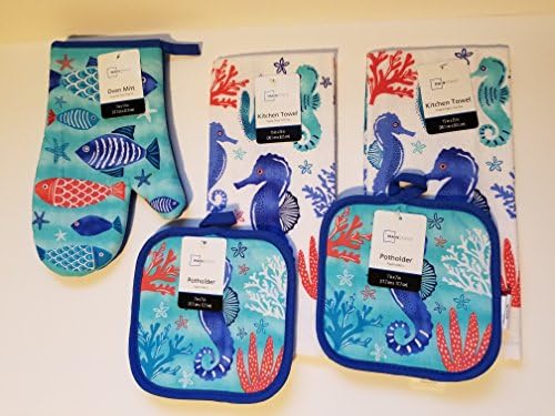 Seahorse Sealife Theme 5 Piece Kitchen Linen Set Includes 1 Oven Mitt, 2 Pot Holders and 2 Dish Towels