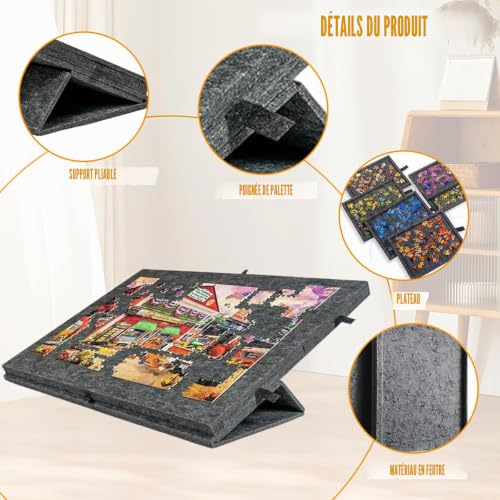 LUPATDY Tilting Puzzle Table, Puzzle Tray for Puzzles up to 1000 Pieces, Portable Puzzle Tray with 6 Felt Drawers with Stand and Lid 2-in-1 (Black)