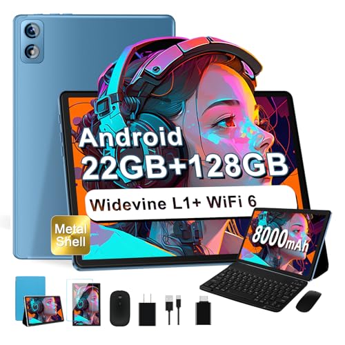 Dghrti 2026 Android Tablet 10 Zoll - [22GB RAM+128GB ROM/TF 2TB] - 8000mAh Akku, WLAN 6, Face ID, GPS, 5MP+8MP, Tablet mit Tastatur+Maus, Metallkörper