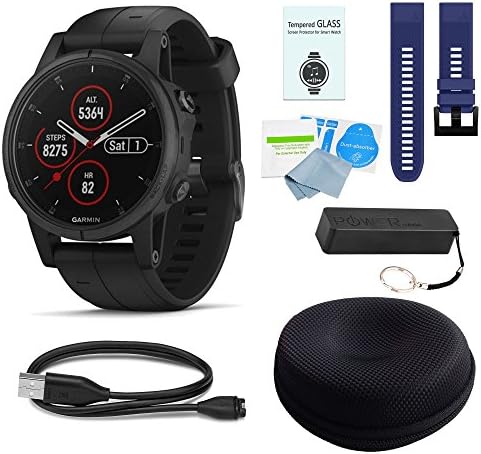 Garmin Fenix 5 Plus Sapphire Black w/Black Band & Dark Blue Band Deluxe Bundle
