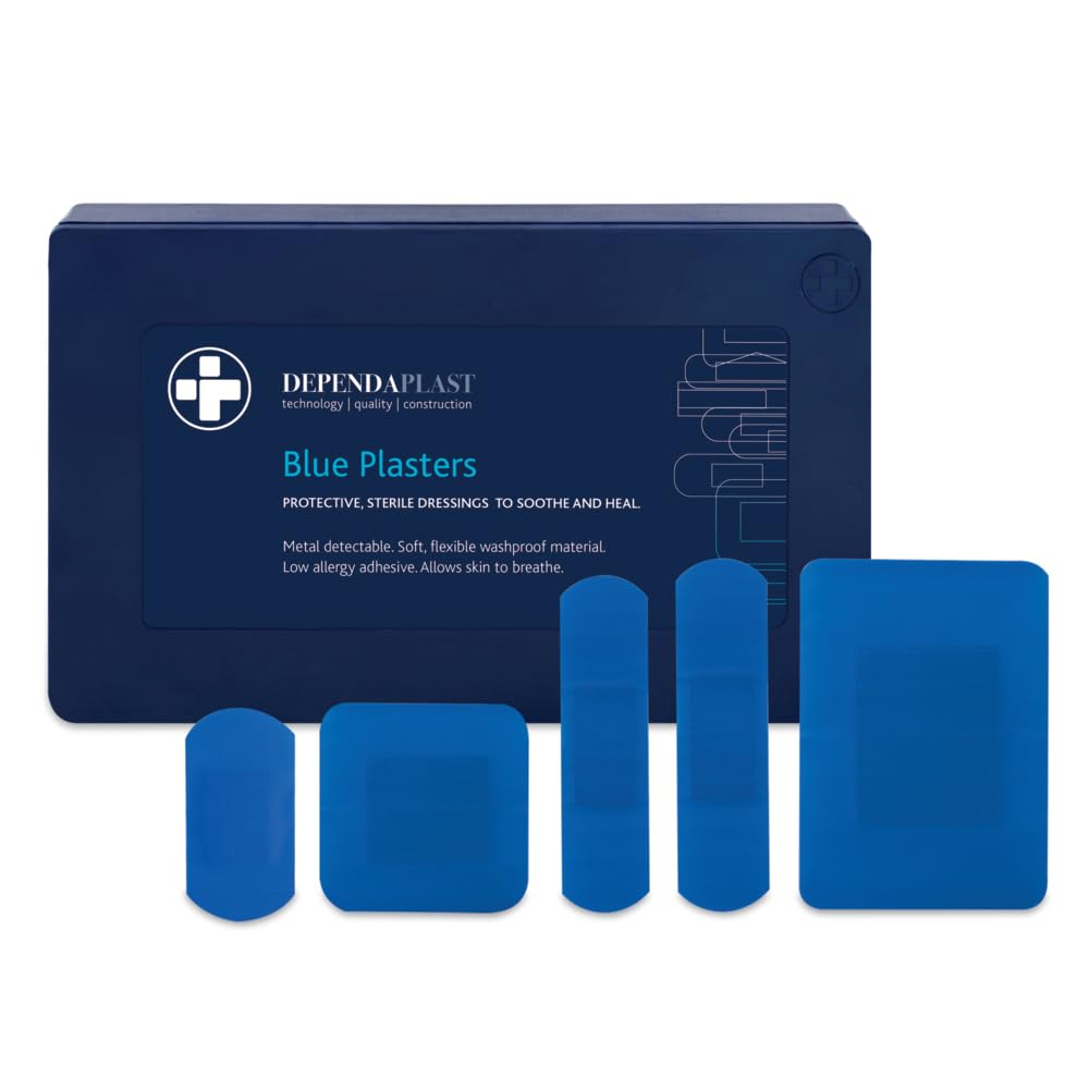 Dependaplast Food Area Blue Plasters with High Visibility and Metal Detection Properties, Easily Detectable, Individually Wrapped - Box of 120