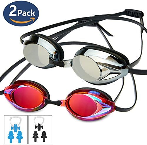 Swim Goggles Pack of 2, POKTOK Swimming Goggles No Leaking Anti Fog UV Protection Triathlon with Silicone Nose Clip Ear Plugs for Men Women Adult Youth Child Kids
