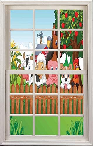 3D Window Decal Wall Sticker,Fence Comic Mascots with Dog Cow Horse for Kids,Home Decor Stickers