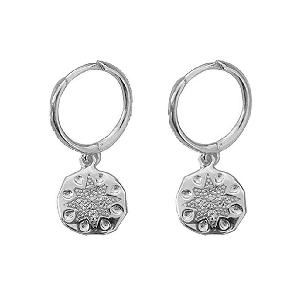 Hammered Disc Star Small Dangle Hoop Earrings for Women Girls Sterling Silver with Charms CZ Cartilage Huggie Hoops Drop Cuff Clip Punk Baroque Dainty Fashoin Jewelry Gifts Best Friend (Silver)