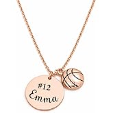 Personalized Basketball Necklace with Name and Jersey Number, Rose Gold Charm Necklace, Custom Sports Jewelry Gift for Basketball Players, Teens and Women