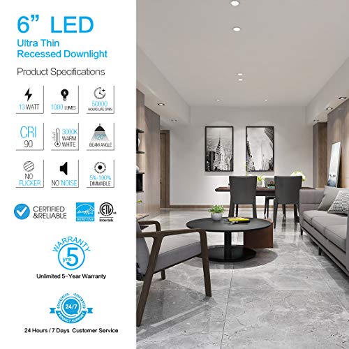 JJC 13W 6 Inch Ultra Thin Led Recessed Lights with Junction Box,3000K Warm White, CRI90+, IC Rated,1000 Lumens 65W Eqv. Dimmable Led Downlight ETL and Energy Star Certified- 6 Pack