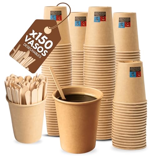 VERUPORE 210ml Disposable Coffee Cups with Wooden Sticks | Pack of 100 | BPA Free Heavy Duty Kraft Paper Cups, Suitable for Hot and Cold Drinks