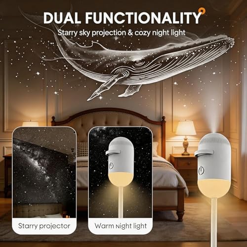 2-in-1 Starry Night Light Projector, Starry Night Light Projector with Multiple Projection Films, USB Powered and Portable Galaxy Projector for Bedroom, Warm and Soft Light (White)