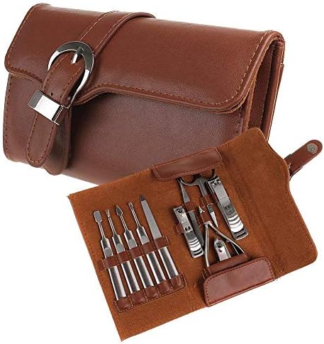 Jhua 11pcs Manicure Set Luxury/Deluxe Genuine Brown Leather Nail Care Personal Manicure & Pedicure Set, Manicure Travel & Grooming Set Kit, Nail Clipper for Women, Mens, Families- Gift Packing