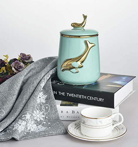 MASMOY Ceramic Storage Jar Skipping Dolphin Canister with Airtight Ceramic Lid, 27.05 FL OZ (800ML) Light BLue Container for Home Serving for Whole Bean Coffee, Pasta, Sugar and More