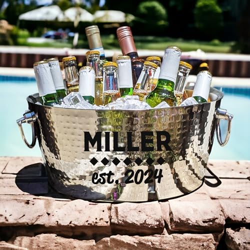 BREKX Personalized Hammered Stainless-Steel Double-Walled Insulated Drink Tub with 4 Steel Champagne Flutes - Wedding and Other Gifts for All Occasions, 12 Quarts