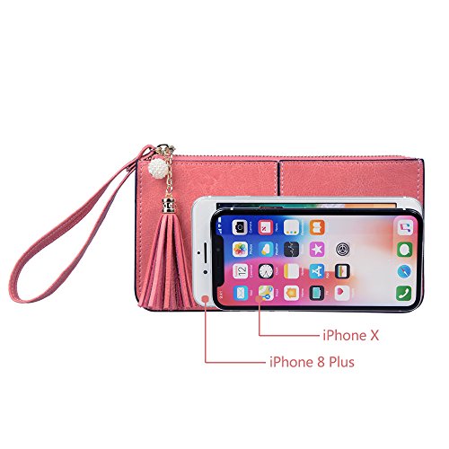 Lovena Soft Leather Wristlet Smartphone Zipper Wallet Tassel Wristlet (Light Carmine Pink) - Thumbnail 6