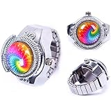 Eachbid Smart applied Round Child Lady Steel Rainbow Pattern Elastic Quartz Finger Ring Watch Gift