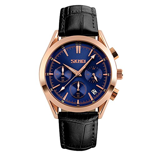 SKMEI 2017 Men's Leather Band Casual Business 30M Waterproof Wrist Watches Analogue Quartz Business Casual Calendar Watch For Mens (Blue)