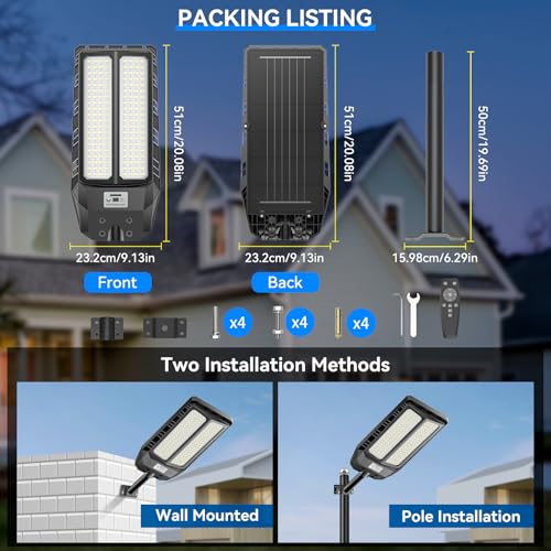 Adewalk 900 W Outdoor LED Solar Street Light with Remote Control, IP66 Waterproof Solar Street Light with Motion Sensor, 6500 K Super Bright Outdoor Garden Lights for Garage Road