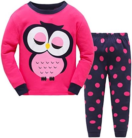 "Owl Cat" Little Girls' 2 Piece Long Sleeve Pajama Sets 100% Cotton Sleepwear Toddler Kids Clothes