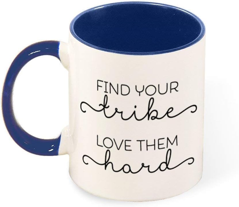 DKISEE Find Your Tribe Quotes Two Tone Ceramic Mug, Inside And Handle Colored Mug, Double-Sided Unique Mug with Quotes, 11 Ounce Coffee Mug Tea Cup for Office and Home, Dark Blue, Gift for Famliy