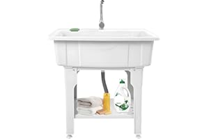 MOCHAG White Utility Sink Laundry Tub, 31.5" Freestanding Plastic Laundry Sink w/Hot and Cold Fauce & Washboard, Floor Mount Wash Bowl Basin for Bathrooms Balconies Laundry Garden