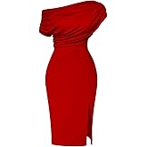 Memoriesea Women's Elegant Off Shoulder Split Hem Bodycon Ruched Midi Club Party Dress