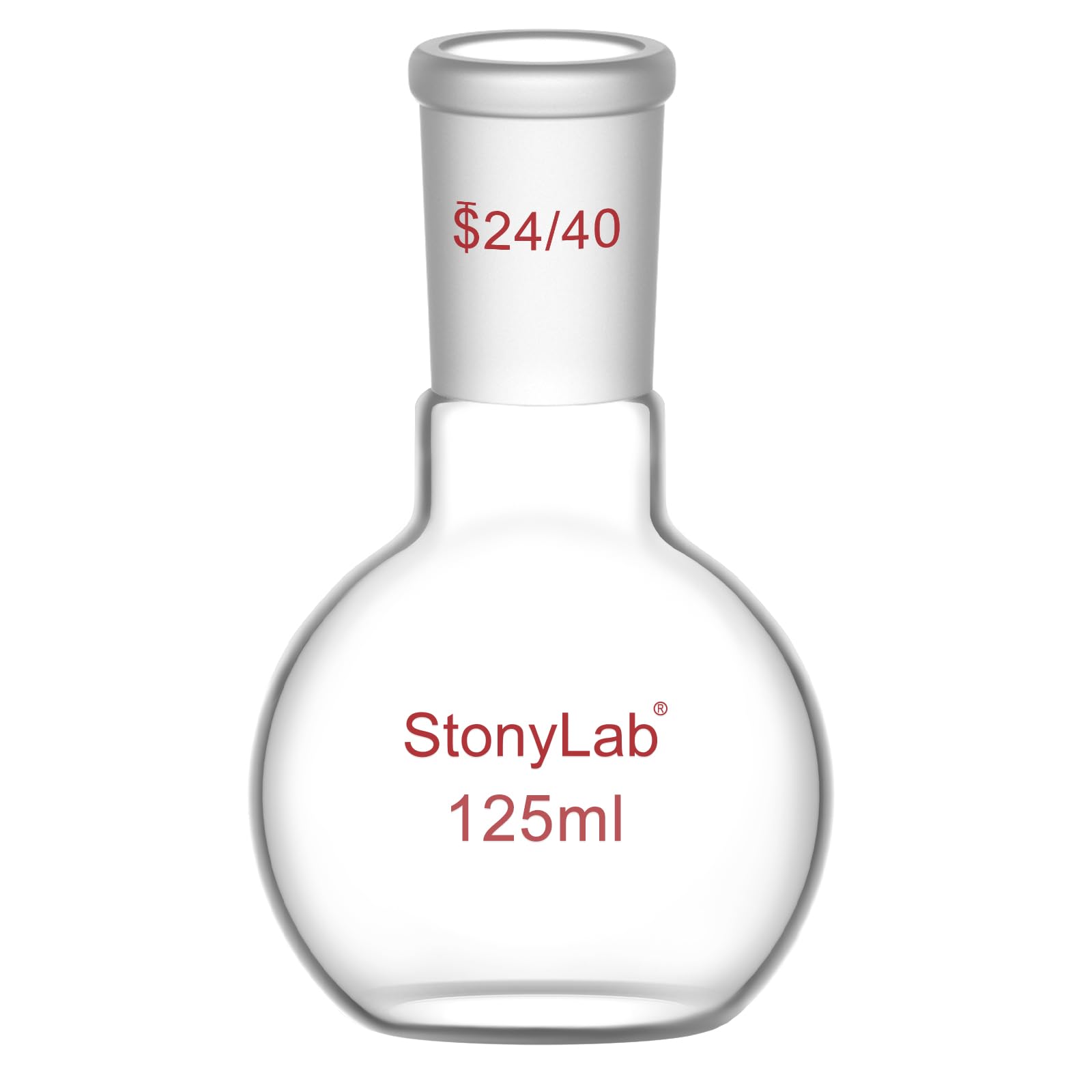 StonyLab Borosilicate Glass Heavy Wall Single Neck Flat Bottom Boiling Flask, with 24/40 Standard Taper Outer Joint, 125ml
