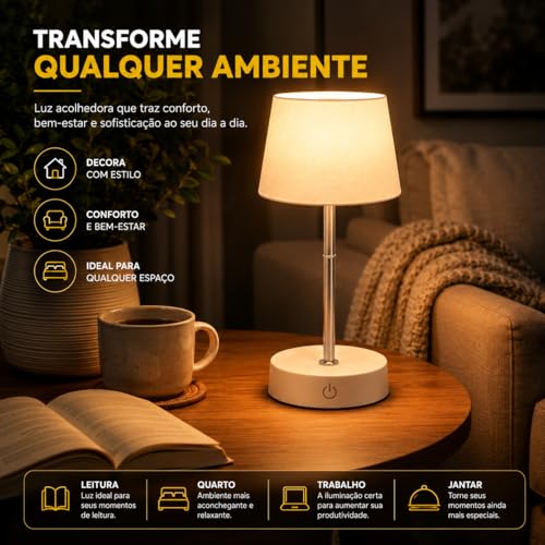 Luminária de Mesa LED Recarregável USB Touch 3 Níveis de Luz Dimerizável Sem Fio Abajur Portátil Retrátil para Quarto, Cabeceira, Estudo e Escritório