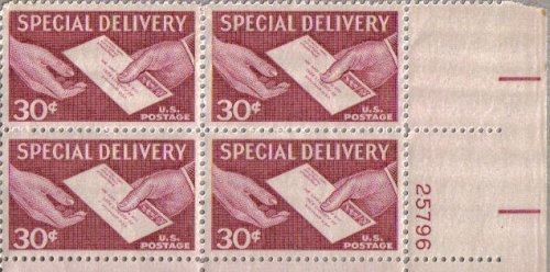 1957 HANDS & LETTER Special Delivery #E21 Plate Block of 4 x 30 US Postage Stamps