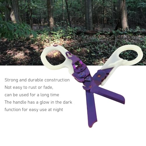 Herramientas de Tijeras de Rescate para Acampar, corte de trauma plegable con interruptor de vidrio de acero inoxidable Manija luminosa de trauma plegable para al aire libre (Púrpura)