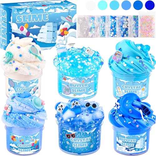 Petyuioyu Slime Set of 6 for Children, 6 x 60 ml Blue Slime Toy with Cloud Slime, Butter Slime & Clear Slime, 12 Accessories & 6 Decorative Bags, Soft, Stretchy, DIY Gift for Boys and Girls