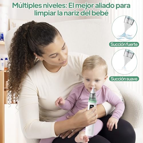 Aspirador Nasal para Bebés, Saca Mocos para bebe con 6 Niveles de Succión Ajustables, 6 Cabezales de Silicona, Extractor de Mocos para Bebe con Música y Carga USB, Incluye Kit de Cortaúñas para Bebé