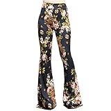 SMT Women's High Waist Wide Leg Long Bell Bottom Yoga Pants Large Romantic Rose (Black) Blush
