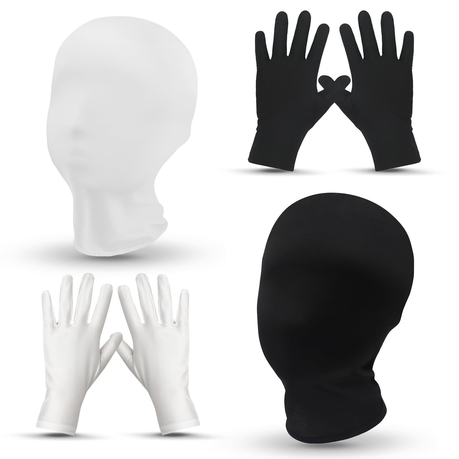 GLGHMH Full Face Mask Set, 2pcs Morph Face Cover with 4pcs Gloves, Faceless Skin Masks Halloween Dress Up for Halloween Cosplay Party Costume Unisex Men Women(Masks+Gloves-Black+White)