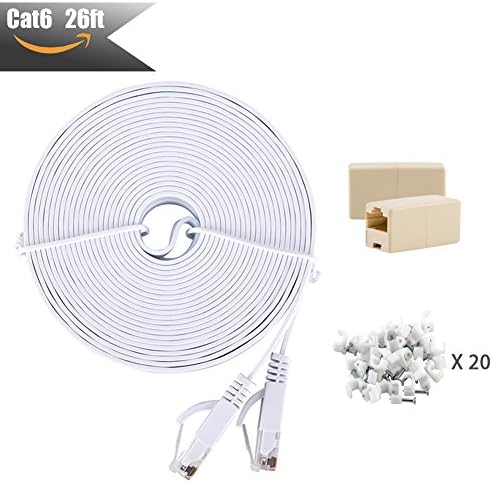 Cat 6 Ethernet Cable 26 ft White with Cable Clips – Flat Internet Network Cable – Cat 6 Computer Lan Cable - Cat6 Ethernet Patch Cable With Snagless Rj45 Connectors – 26 feet White ( 8 Meters )