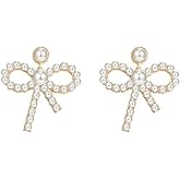 Pearl Earrings for Women Gold Bow Knot Stud Earrings Cute pearl bow Drop Dangle Earrings Fashion Jewelry Gifts for Women