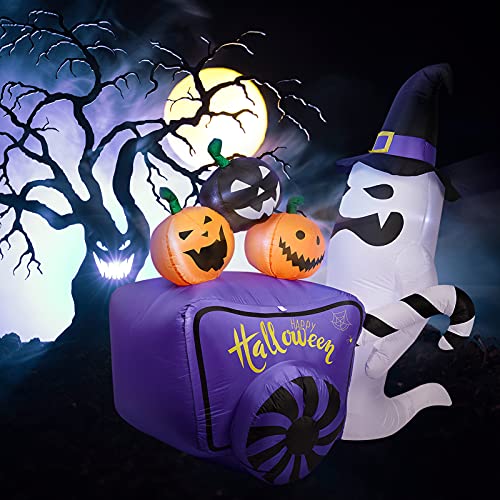 WBHome 6 Ft Blow Up Halloween Inflatable White Ghost with Pumpkin Cart