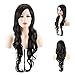 MelodySusie Black Long Curly Wavy Wig for Women, 34 Inches Synthetic Hair Wig with Inclined Bangs Halloween Cosplay Daily Party Wig Natural as Real Hair with Free Wig Cap, Black
