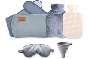 Hitopin 3 in 1 Hot Water Bottle Pouch, Hot Water Bottle with Waist Cover, Warm Water Bag, with Eye Mask+Funnel, for Pain Reli
