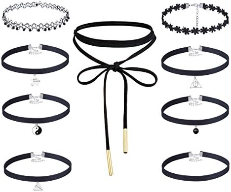 Floweralight 9 Pcs Black Chokers Length Adjustable Velvet Gothic Necklace Pendent for Women