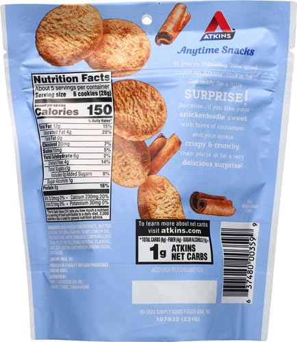 ATKINS ANYTIME SNACKS, BITE-SIZED PROTEIN COOKIES, SNICKERDOODLE, CRISPY & CRUNCHY, 8G PROTEIN, 1G NET CARBS, <1G SUGAR, GOOD SOURCE OF FIBER