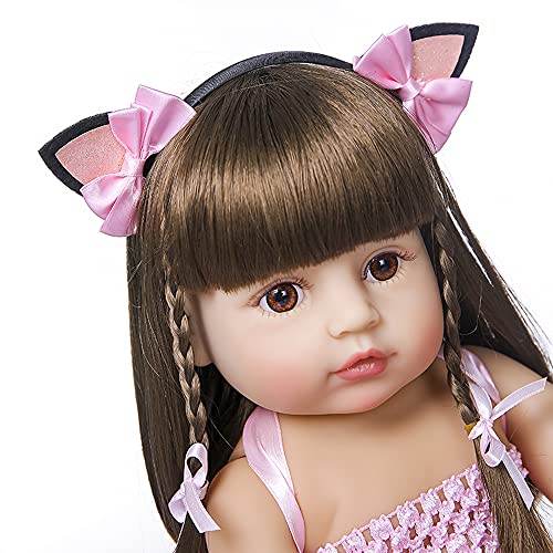 Bebê Reborn Boneca Menina Corpo de Silicone 55cm Olhos Castanhos Pode Dar Banho com Acessórios Presentes para Meninas