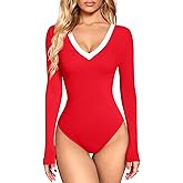 OQQ Women's Bodysuit Tops Contrast-Trim V Neck Long Sleeve Seamless Bodysuits