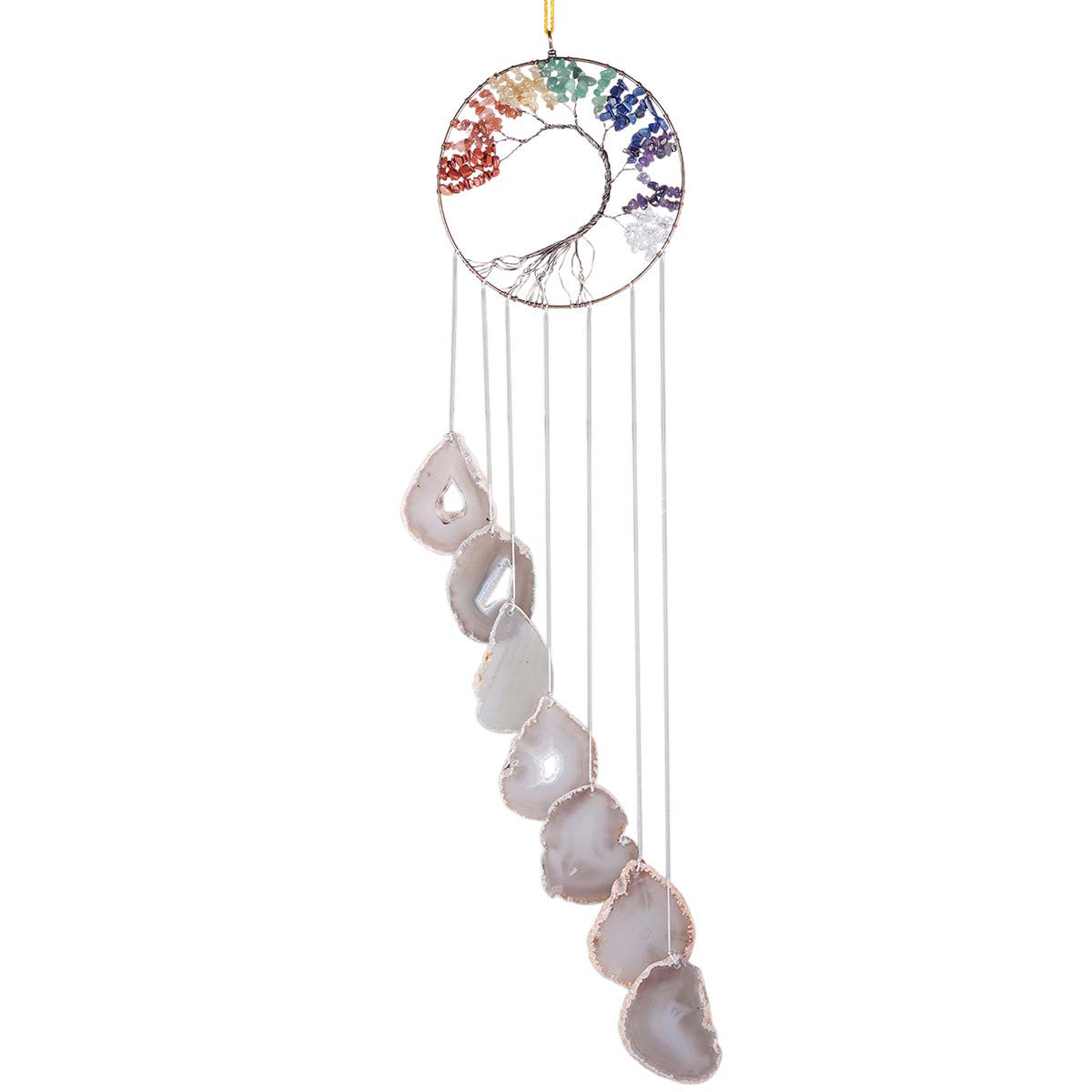 KYEYGWO 7 Chakra Healing Crystal Wall Hanger Ornament Handmade Tree of life with Natural Agate Slice Wind Chime for Window Home Wedding Souvenir Decoration