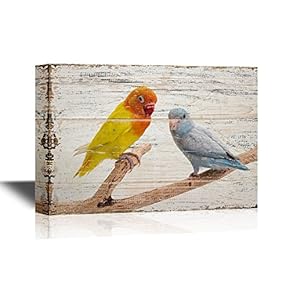Birds and Poultry Canvas Wall Art - Yellow Parrot and Blue Parrot - Vintage Wood Style Giclee Print Gallery Wrap Modern Home Art | Ready to Hang - 12x18 inches