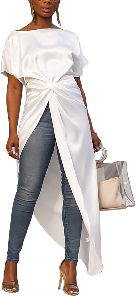 Ophestin Women's Casual Basic Blouse Short Sleeve Drawstring Summer High Low Shirt Blouse Top White L