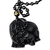 SCOO Hand Carved Natural Genuine Obsidian Mother Elephant & Baby Elephant Amulet Pendant Necklace