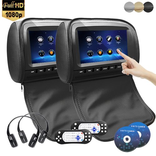 9 inch 1080P Car Headrest DVD Player Video Monitor With Leather Cover Zipper IR Wireless Headphones Games for Kids Road Trips Entertainment System (Touch Screen, Black)